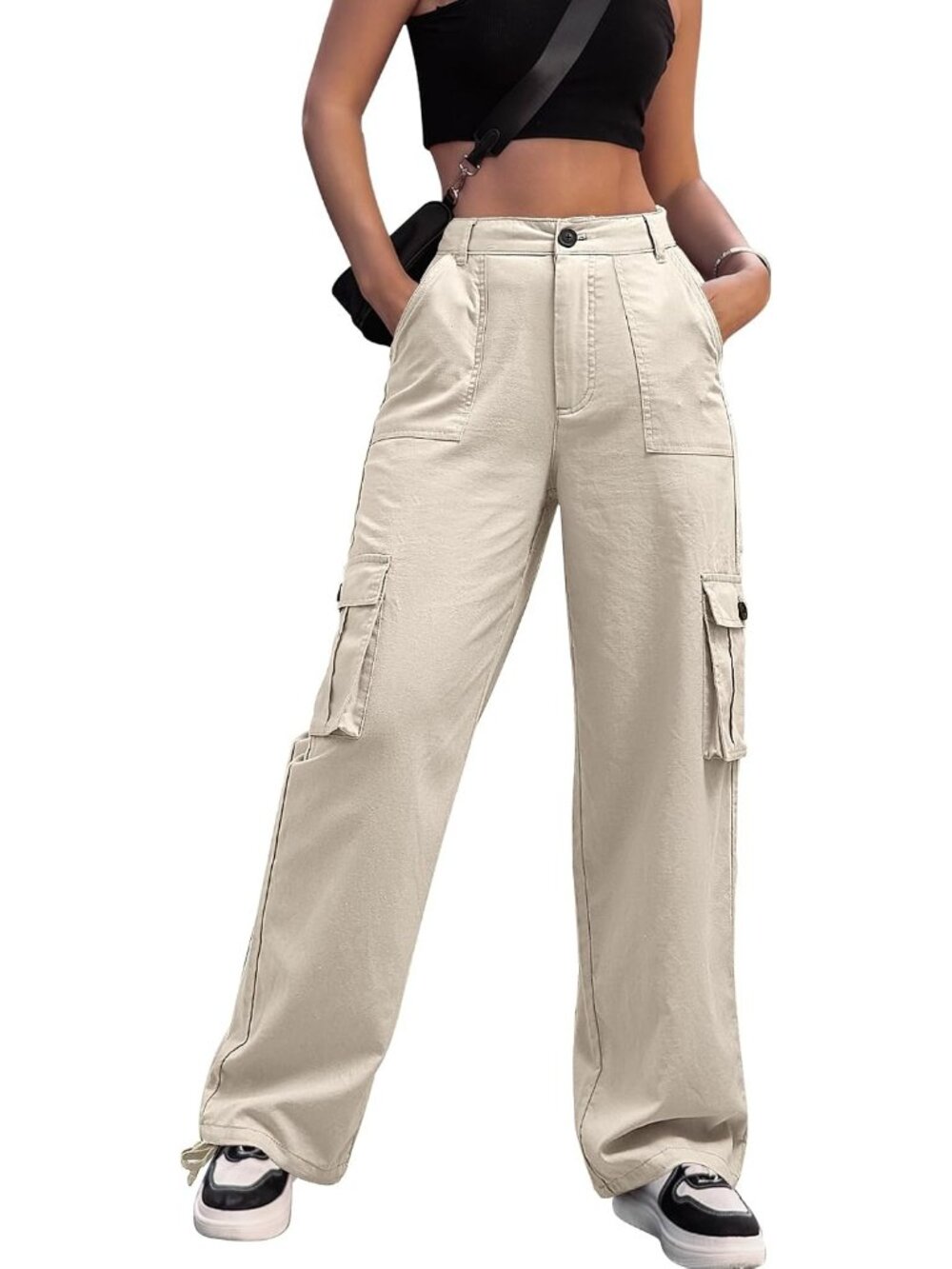 Women's Light Khaki Combat Military 6 Pockets Wide Leg High Waisted Cargo Pants
